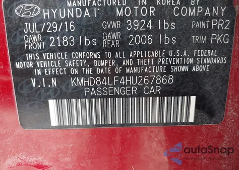 2017 Hyundai Elantra Limited z USA, uszkodzony, nr VIN KMHD84LF4HU267868